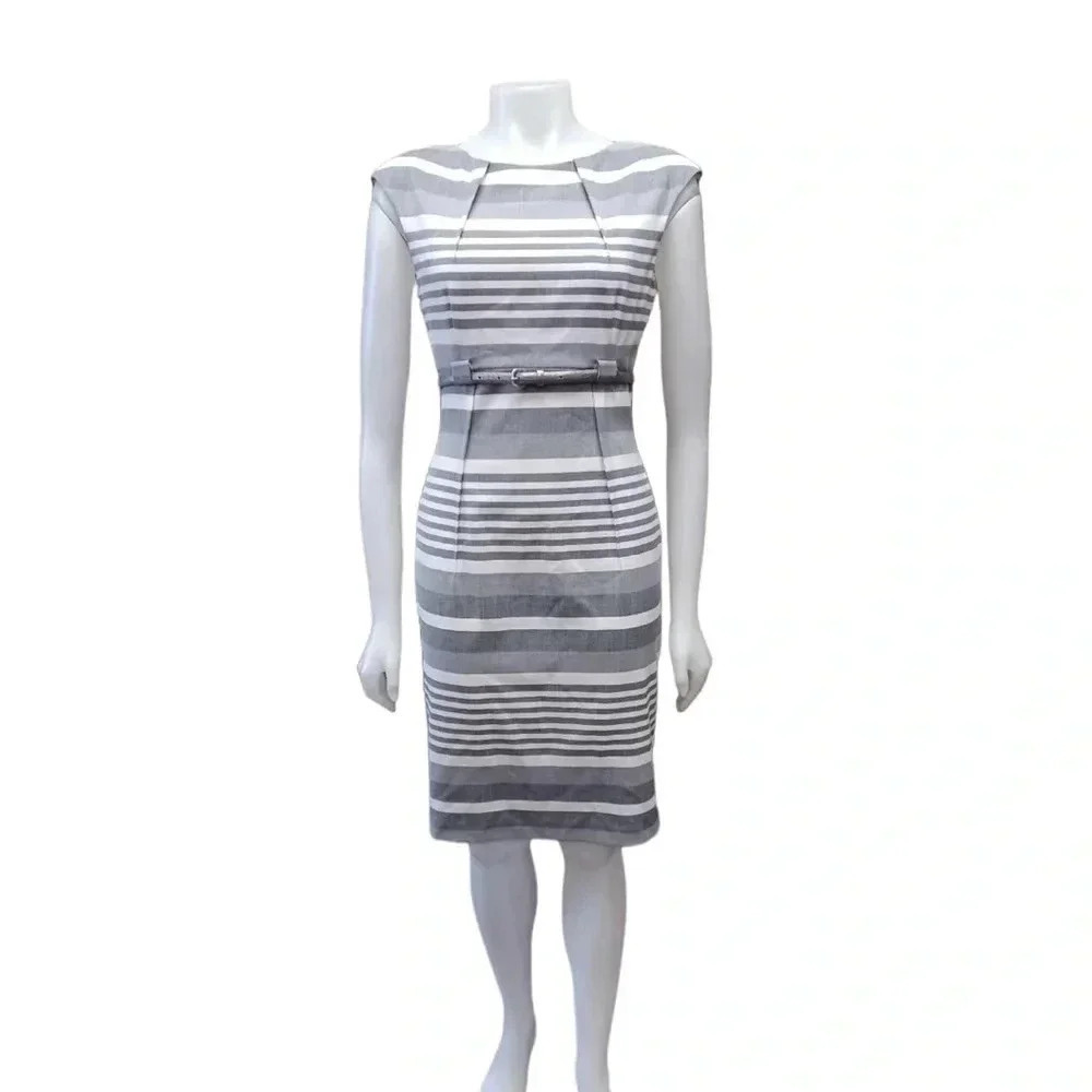 Calvin Klein Grey & White  Striped Belted Empire Waist
Sleeveless Sheath Dress 2